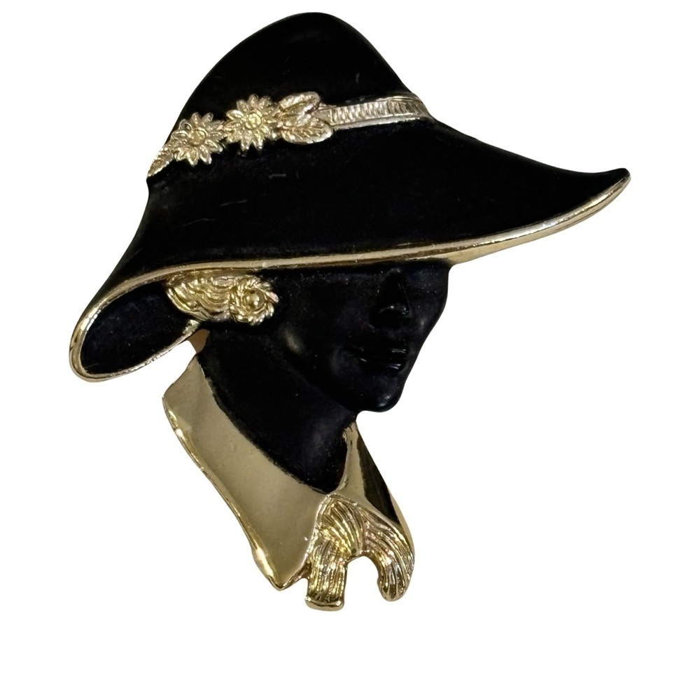 Vintage Signed Torino  Face Brooch Black Matte Finish Over Gold Tone Metal #029